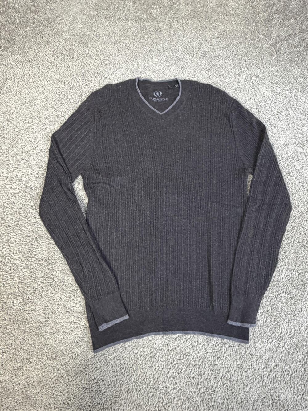 Bugatchi Sweater Mens L Gray 100% Merino Wool V Neck Ribbed Knit Pullover